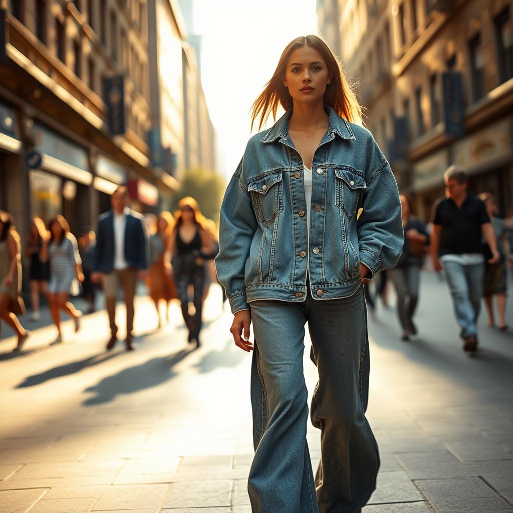 A bustling city street, dappled with warm afternoon sunlight. In the foreground, a fashionable figure strides confidently, donning an oversized denim jacket and slouchy, wide-leg jeans. The jacket's roomy silhouette and distressed finish lend an effortless, off-duty charm. The jeans, with their generous cut and subtle fading, create a relaxed, trend-setting look. In the middle ground, pedestrians weave through the scene, offering a diverse backdrop of urban style. The lighting casts a soft, golden glow, accentuating the textures of the denim and adding a touch of daydream-like nostalgia. Capturing the allure of the oversized denim trend, this image invites the viewer to embrace the freedom and confidence of this fashion-forward, yet comfortable, aesthetic.