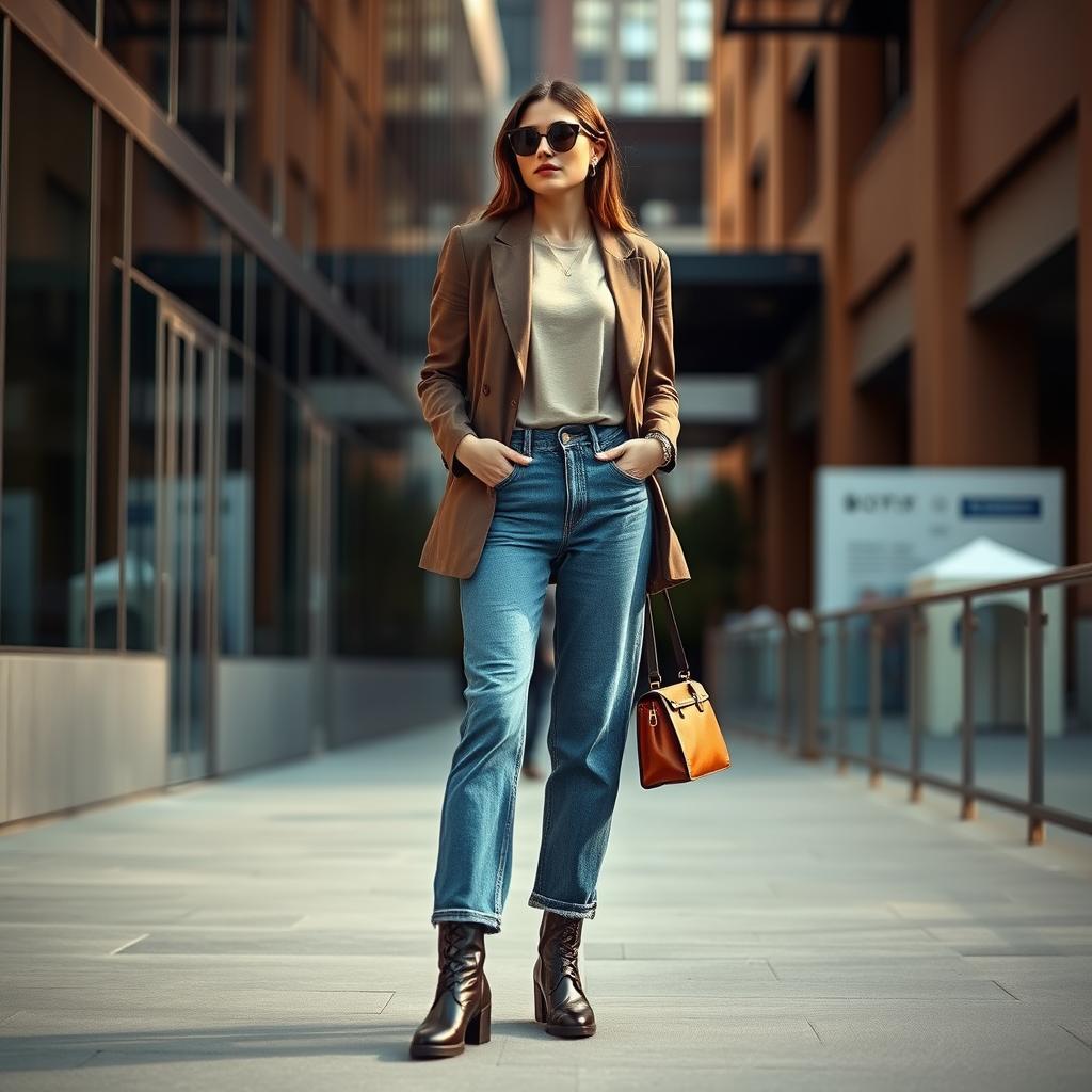 A chic and fashionable woman standing in a stylish urban setting, wearing a trendy outfit that perfectly showcases the versatility of baggy jeans. The scene is bathed in warm, natural light that highlights the muted tones of her ensemble - a relaxed-fit denim, a tailored blazer, and a simple yet elegant top. Her accessories, such as sleek leather boots and a minimalist handbag, elevate the look. The background features modern architectural elements, including sleek glass facades and subtle industrial touches, creating a sophisticated and on-trend ambiance. The overall composition conveys a sense of effortless style and confidence, inspiring the viewer to embrace the versatility of baggy jeans.