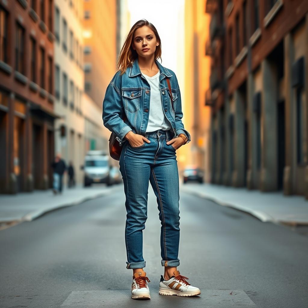 A fashionable young woman standing confidently in a city street, wearing a loose-fitting distressed denim jacket paired with high-waisted slim-fit baggy jeans. The outfit is accessorized with chunky sneakers and a sleek leather backpack, creating an effortless urban aesthetic. The lighting is natural, with a warm golden glow reflecting off the surrounding brick and concrete buildings. The camera angle is slightly elevated, capturing the model's confident pose and the dynamic energy of the cityscape in the background.
