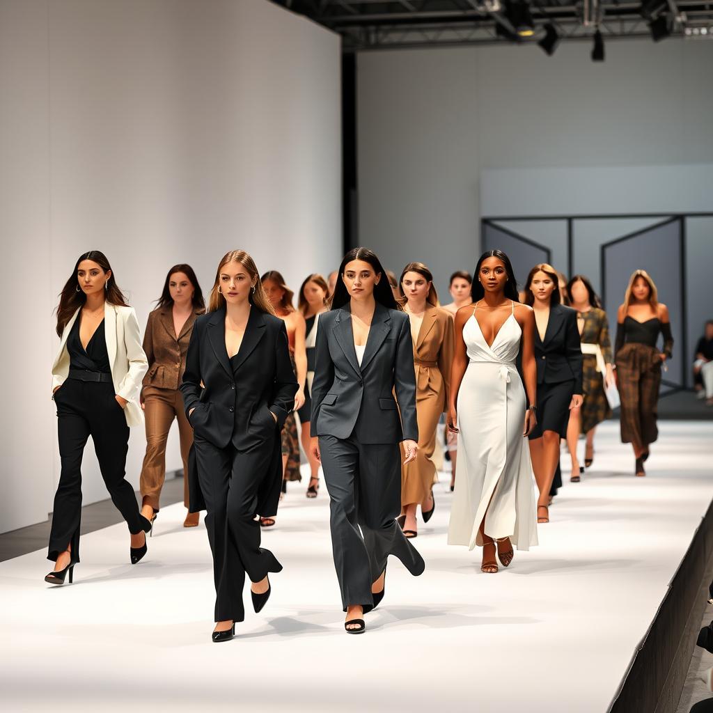 A high-fashion runway showcasing the latest women's apparel trends. An elegant, minimalist backdrop with soft, diffused lighting creates a sophisticated ambiance. In the foreground, models gracefully strut down the catwalk, wearing a diverse array of chic, on-trend outfits - from sleek pantsuits and flowing maxi dresses to tailored blazers and high-waisted skirts. The middle ground features a mix of textures and silhouettes, hinting at the diverse range of styles. In the background, a modern, industrial-inspired setting with geometric accents adds depth and contrast. The overall scene exudes a sense of dynamic energy, capturing the essence of contemporary women's fashion.