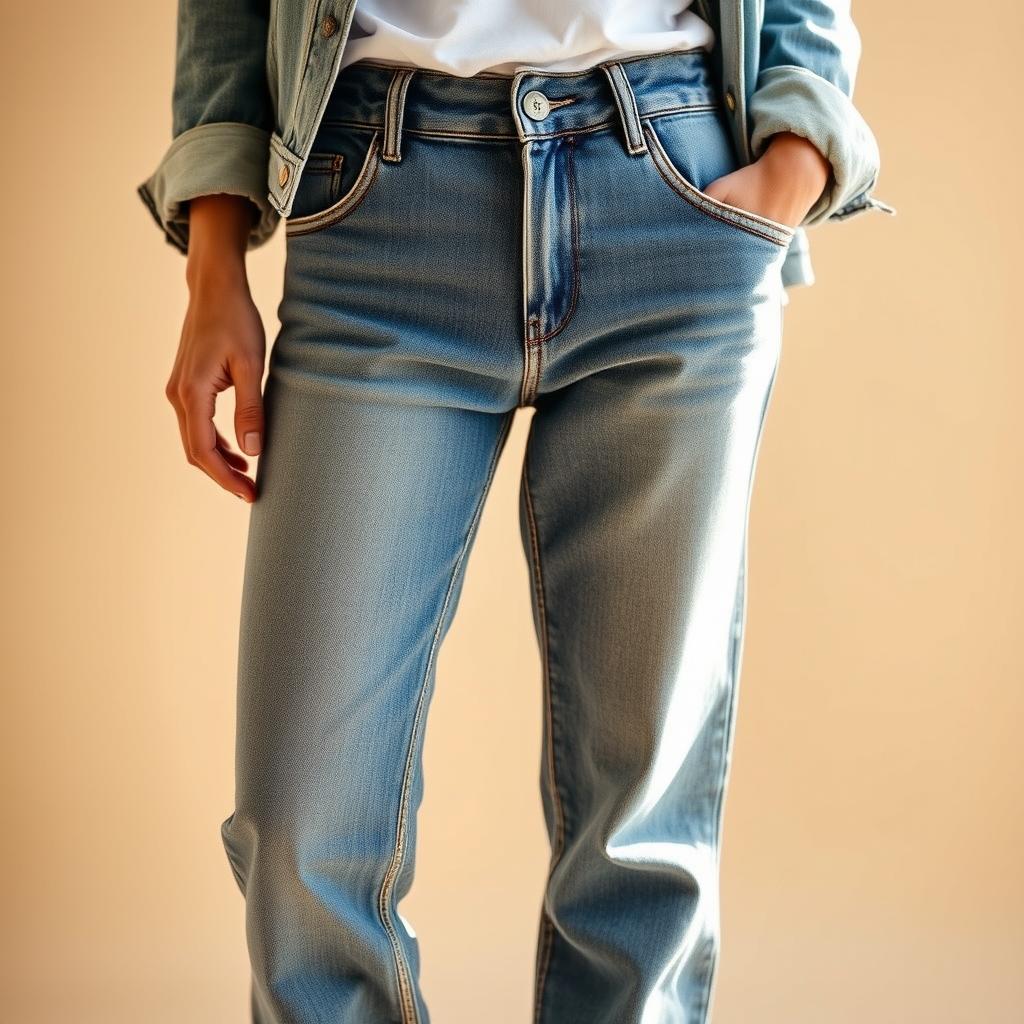 A relaxed fit pair of jeans featuring a mix of textures and colors. The denim has a slightly distressed appearance with subtle fading and whiskering. The jeans have a loose, comfortable silhouette with a tapered leg. The fabric blends cotton, linen, and a touch of stretch for a soft, breathable feel. The colors range from a medium blue wash to hints of indigo and earthy tones. Complementary stitching in contrasting thread adds visual interest. The jeans are styled with a plain white t-shirt and a light, unstructured denim jacket. Warm, natural lighting casts a soft glow, highlighting the varied textures. The overall look is effortlessly stylish and perfectly suited for a casual, relaxed vibe.