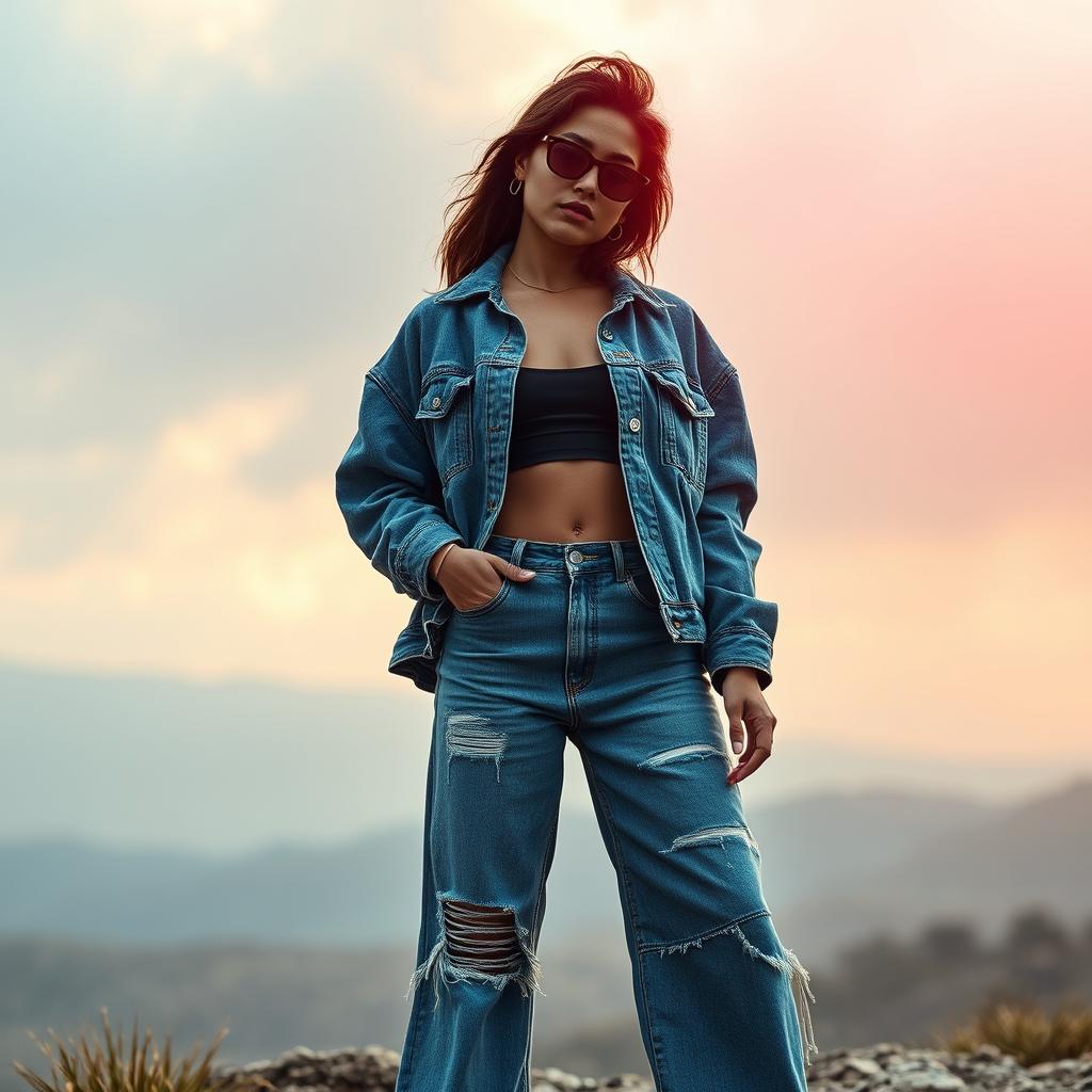 A stunning celebrity-inspired ensemble against a backdrop of bold, baggy denim. In the foreground, a fashionable individual strikes a confident pose, wearing a chic, oversized denim jacket layered over a stylish crop top. The middle ground showcases a pair of expertly distressed, wide-leg jeans with a relaxed, effortless fit. Soft, diffused lighting casts a warm, cinematic glow, elevating the overall mood. The background fades into a dreamlike, abstract landscape, allowing the focal point to shine. This visually striking image captures the essence of influential, high-fashion baggy denim looks that inspire and captivate.