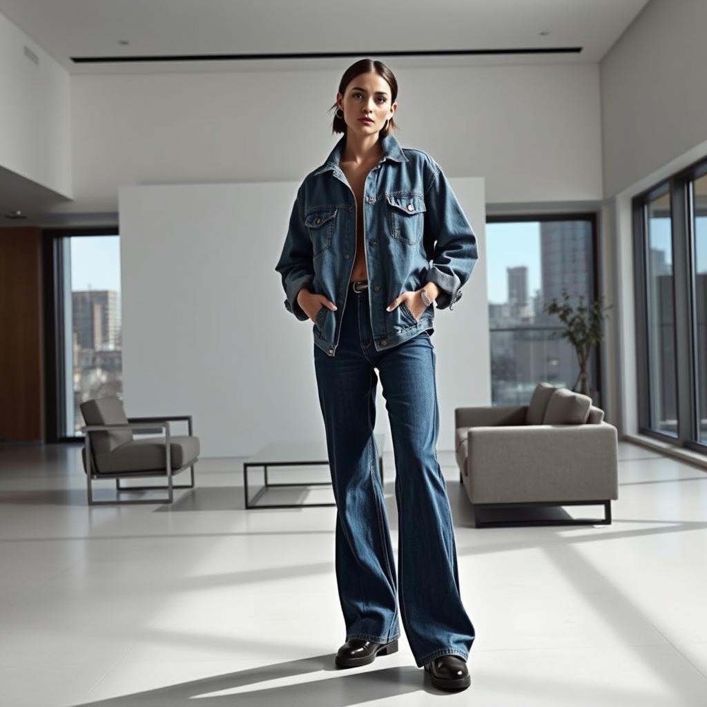 A stylish, oversized denim outfit set against a modern, minimalist backdrop. In the foreground, a model confidently wears a baggy denim jacket and wide-leg jeans, effortlessly blending casual comfort and bold fashion. Dramatic lighting casts dramatic shadows, emphasizing the textural depth of the denim. In the middle ground, simple furnishings and a clean, white wall create a sleek, gallery-like atmosphere, allowing the outfit to be the star. Hints of an urban cityscape are visible through large windows, suggesting a cosmopolitan, fashion-forward setting. The overall mood is one of effortless, high-fashion cool, showcasing the art of mixing casual and bold elements in an oversized denim look.