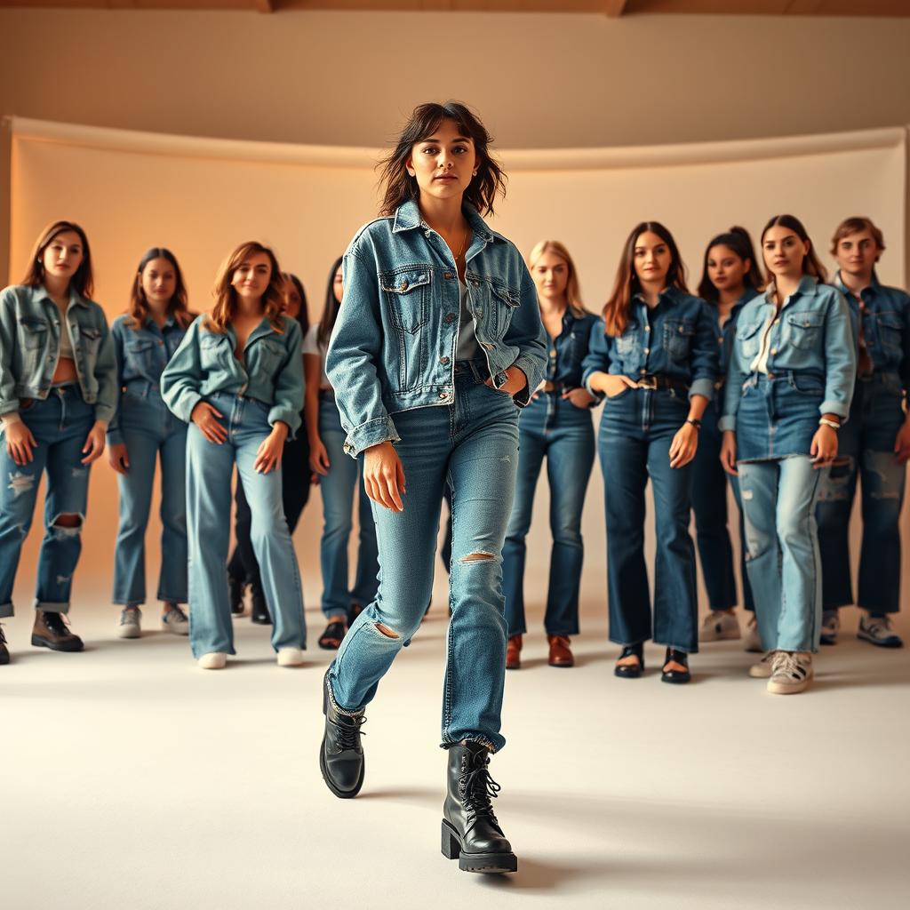 A vibrant, stylish collection of unique denim outfits that exude confidence and individuality. In the foreground, a model strides confidently in a fashionable oversized denim jacket, high-waisted mom jeans, and chunky combat boots. The middle ground features a diverse array of denim garments, from distressed straight-leg jeans to creative patchwork denim skirts. In the background, a minimalist studio setting with warm, natural lighting and a plain backdrop allows the denim pieces to take center stage. The overall atmosphere is one of effortless cool, where the models' body language and styling choices convey a sense of self-assurance and personal expression.