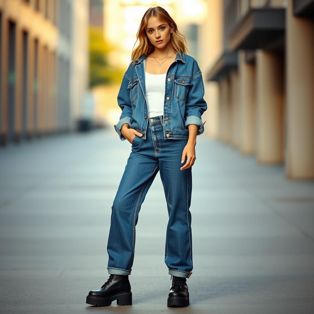 A vintage-inspired denim outfit with a modern twist. In the foreground, a model stands confidently in a pair of high-waisted, relaxed-fit baggy jeans, cuffed at the ankles to showcase a pair of chunky platform boots. The middle ground features a classic denim jacket, slightly oversized and worn with the cuffs rolled up, adding a casual, effortless vibe. Completing the look, a simple white tank top peeks out from underneath, creating a clean, minimalist base. The lighting is soft and natural, casting a warm, golden glow that enhances the worn, lived-in quality of the denim. The background fades into a blurred, urban setting, hinting at the model's confidence and command of the modern, fashionable street style.