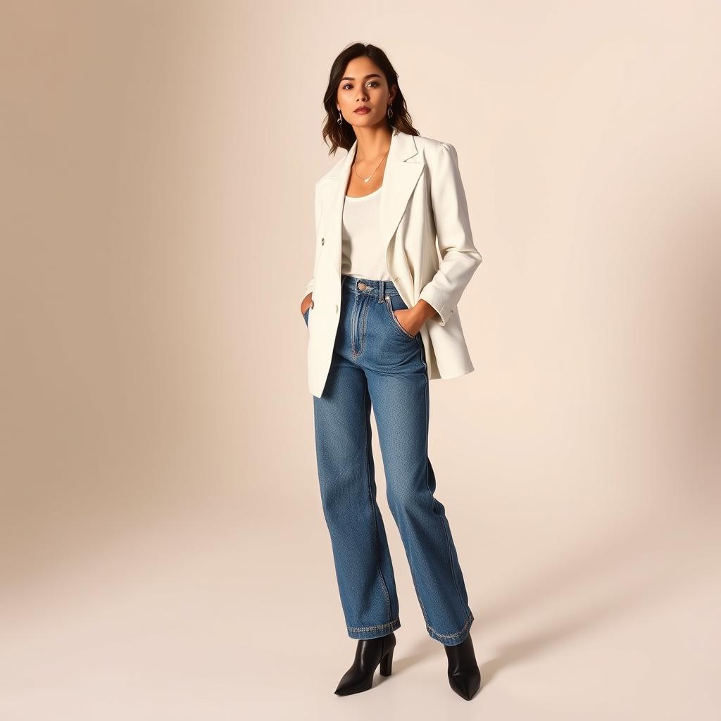 A well-lit scene showcasing a fashionable figure wearing baggy blue jeans, complemented by a chic white blazer and stylish black ankle boots. Accessorized with a delicate gold necklace and matching earrings, creating an effortless yet elevated look. The subject stands in a minimalist, neutral-toned setting, allowing the fashion elements to take center stage. Soft, diffused lighting casts a warm, inviting ambiance, highlighting the model's confident pose and the refined details of the ensemble. The overall composition emphasizes the transformative power of simple, thoughtful styling choices that can elevate a casual denim look.