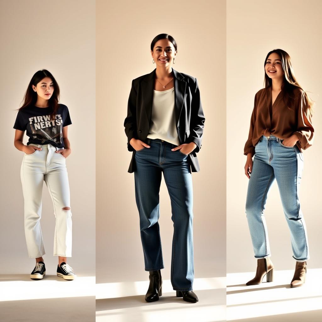 A well-lit studio setting showcasing three diverse women effortlessly styling transitioning baggy jeans. The central figure wears a sleek blazer and heeled boots, transitioning the look from day to night. To the left, a casual model sports a graphic tee and sneakers, exemplifying a relaxed daytime outfit. On the right, a third model layers a flowy blouse and ankle boots, demonstrating how baggy jeans can be elevated for a sophisticated evening look. Warm, natural lighting illuminates the scenes, and the women are captured at flattering angles that emphasize the versatility and comfort of the baggy denim pieces.
