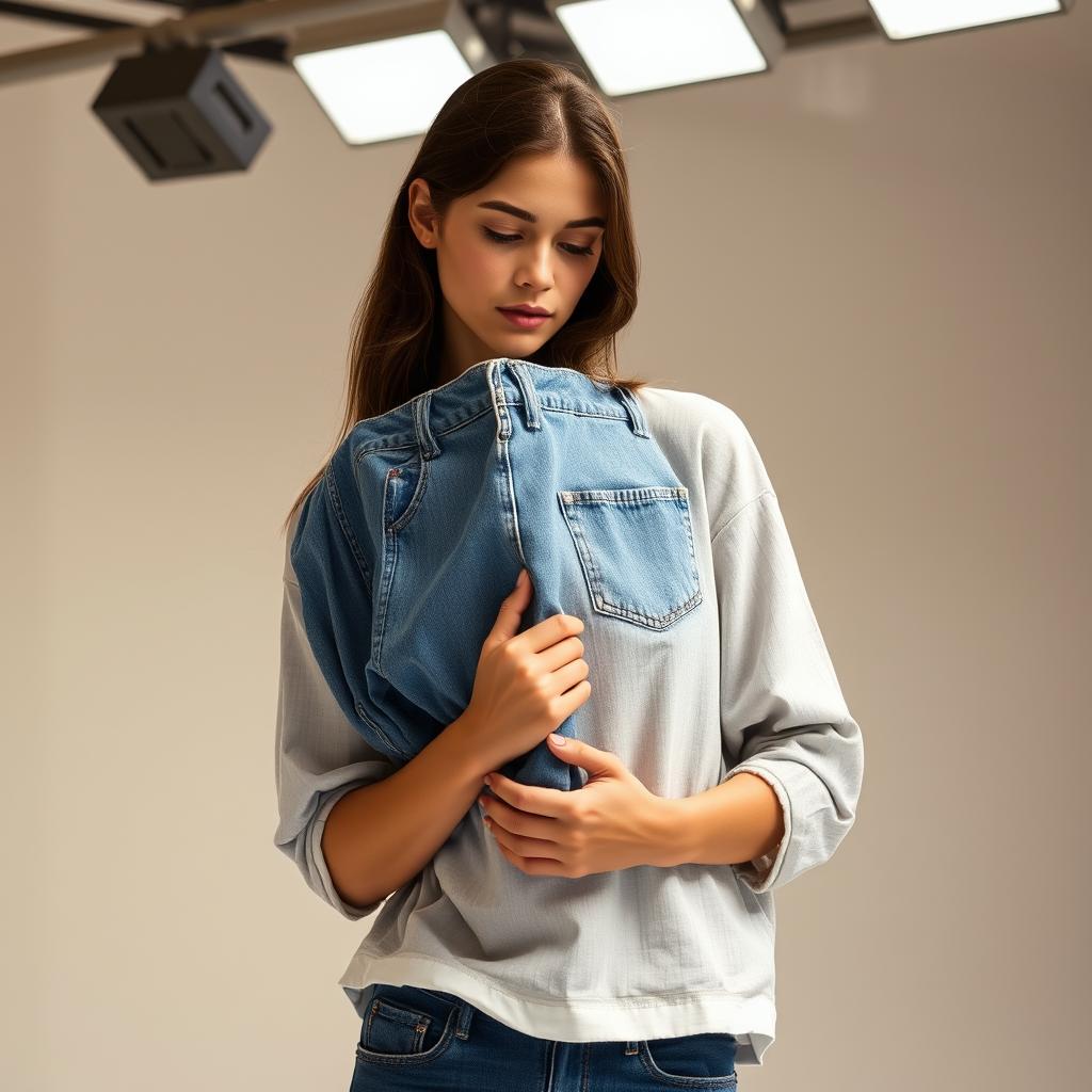 A young woman stands in a well-lit studio, thoughtfully examining a pair of faded, relaxed-fit blue jeans. The overhead lighting casts a warm, soft glow, highlighting the garment's textured fabric and baggy silhouette. In the foreground, the model's hands delicately caress the jeans, considering how to style them to maximum effect. The background is a minimalist set, allowing the focus to remain on the styling process. The model's expression conveys a sense of contemplation, as she mentally envisions the various ways to pair the baggy jeans with different tops, shoes, and accessories to create a stylish, on-trend look.