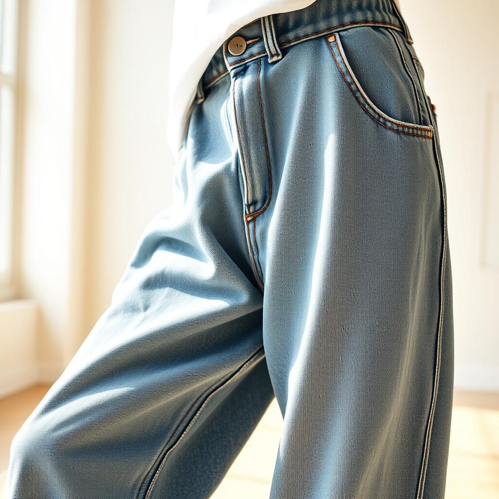 Comfort meets style in this image of baggy jeans. In the foreground, a pair of well-worn, relaxed-fit denim jeans with a high-waisted, slouchy silhouette. The fabric has a soft, lived-in texture, suggesting everyday wear and tear. Lighting casts a warm, natural glow, highlighting the subtle fading and whiskering details. In the middle ground, a simple, minimalist white t-shirt with a slightly oversized fit, creating a harmonious balance between structured and casual. The background features a clean, airy setting, perhaps a sun-drenched loft or studio space, emphasizing the effortless, everyday elegance of this look. Overall, the image conveys a sense of laid-back sophistication, where comfort and style seamlessly intersect.